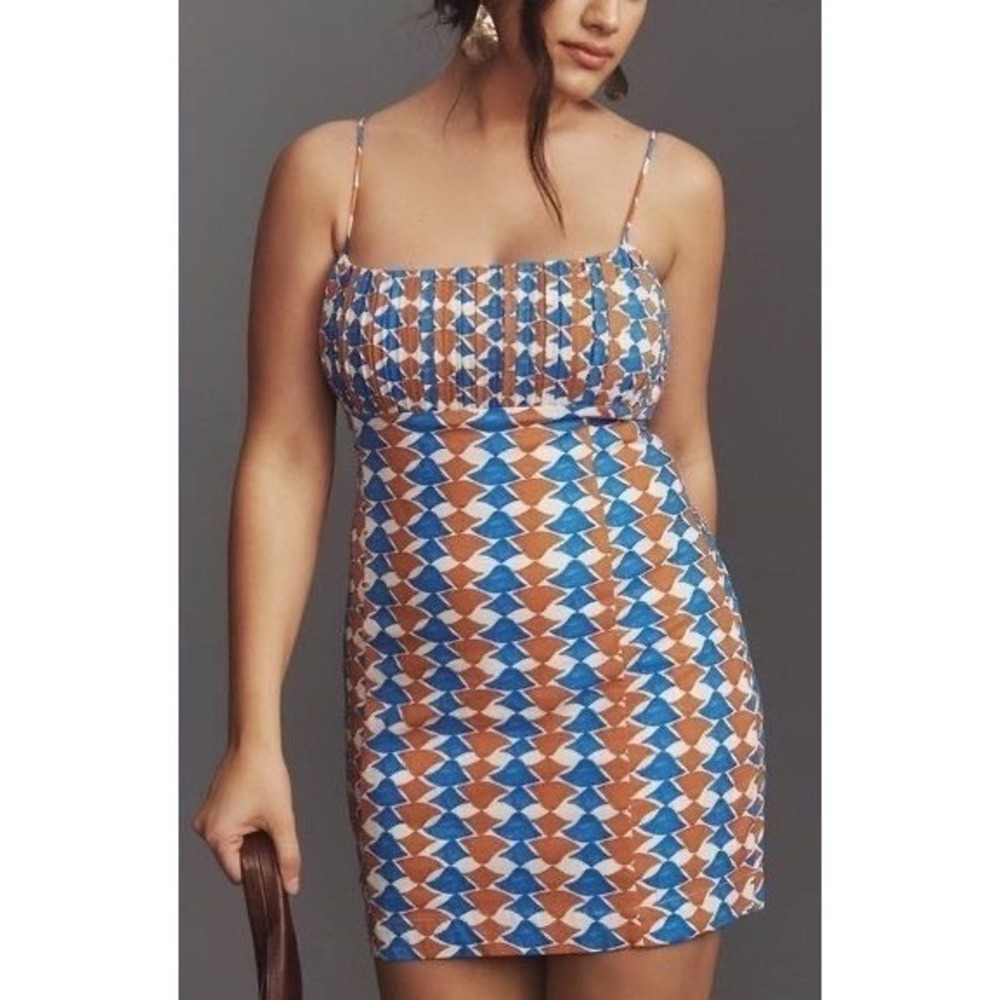 MAEVE Blue The Ophelia Sleeveless Linen Slim Mini Dress Excellent Geometric 16